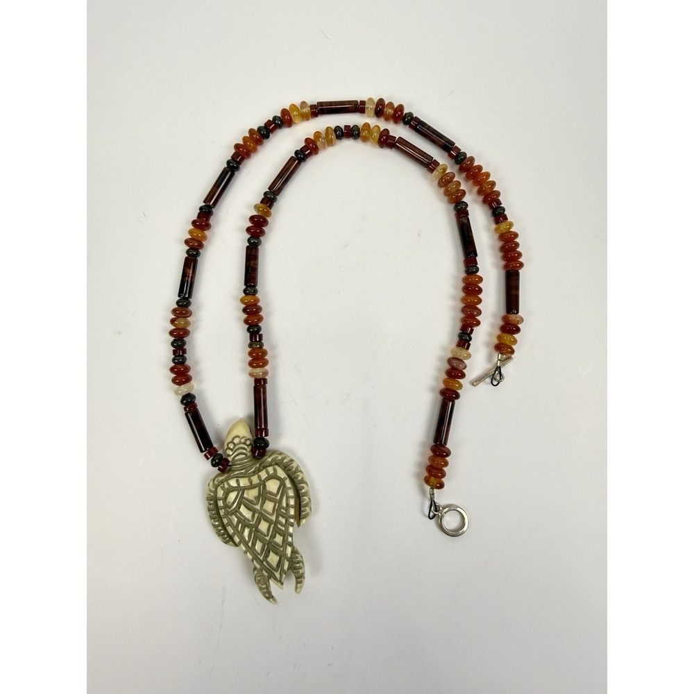 Vintage natural carnelian and agate‎ necklace 925 toggle clasp carved turtle